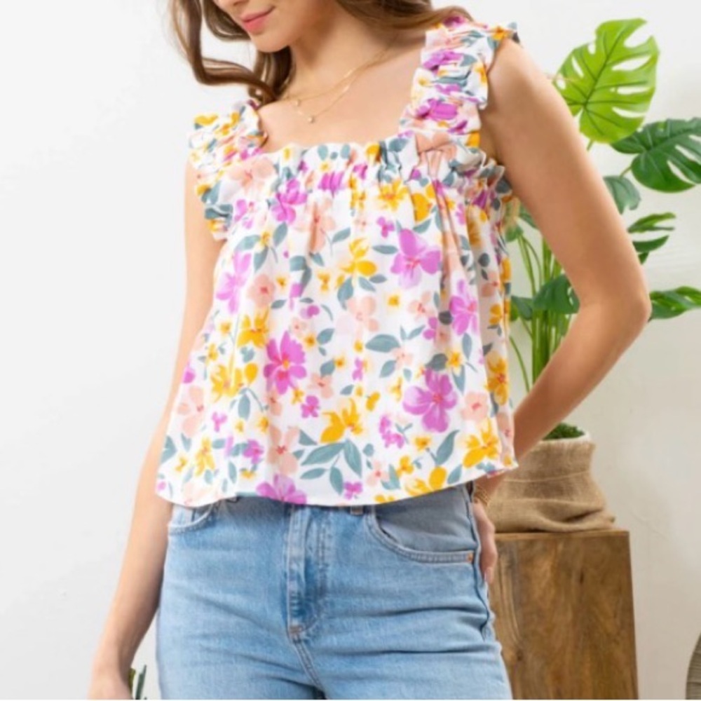 mine Floral Ruffle Tank Top - Purple, Yellow & Green